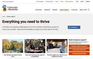 Student Supports page at the University of Manitoba